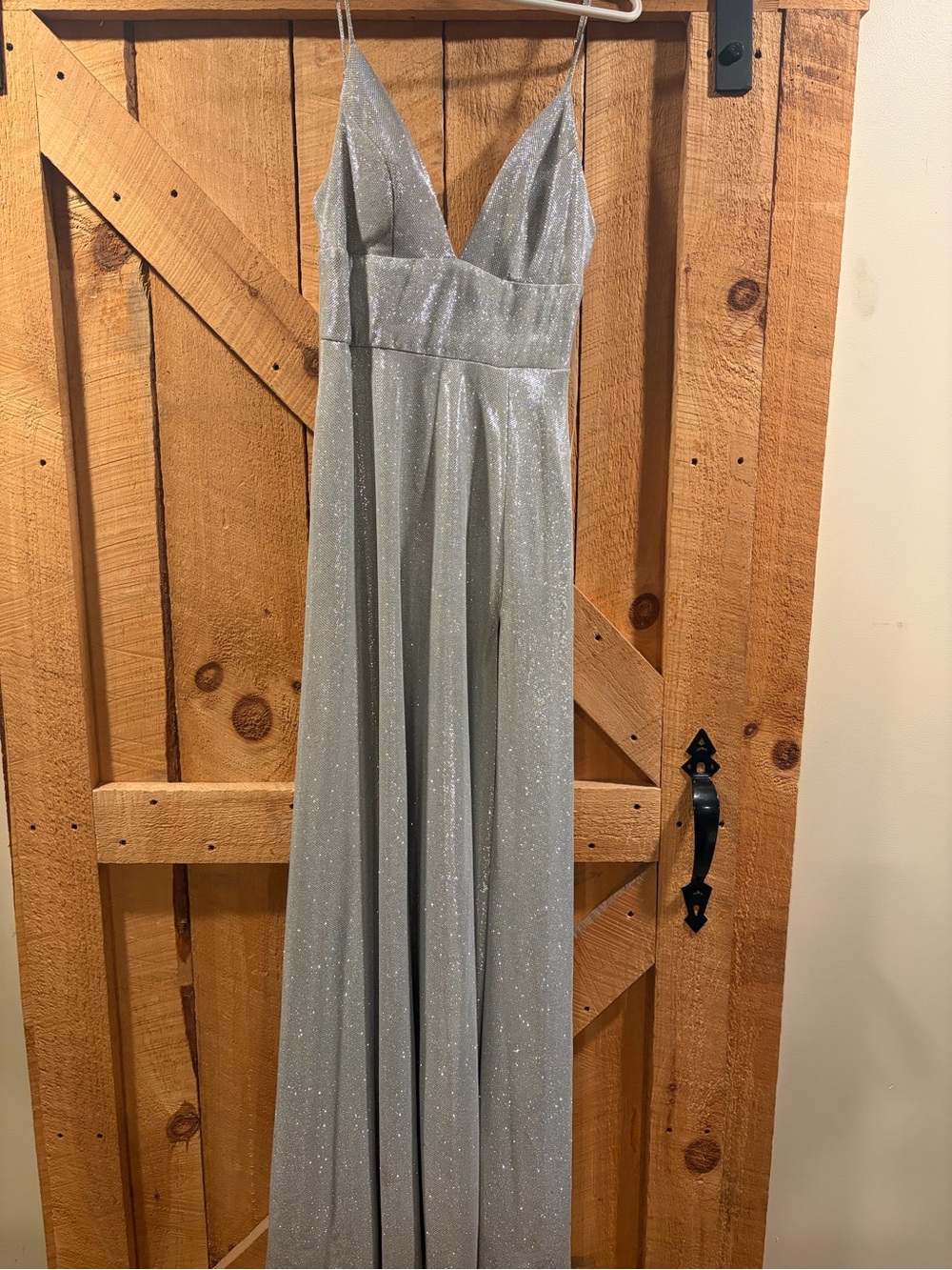 Silver Sparkle V-Neck Spaghetti Strap Evening Dress